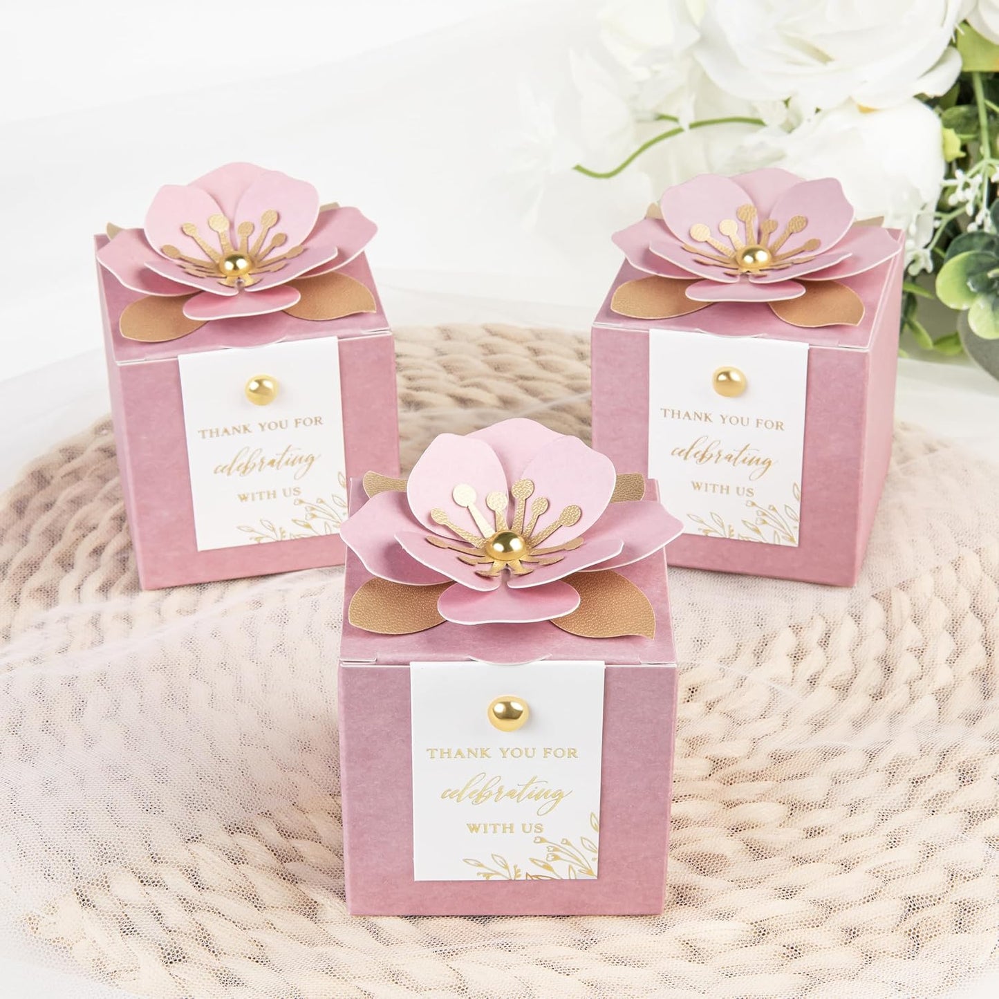 FEIYI 20 PCS Favor Boxes, 3 In 1 Dusty Rose Candy Boxes with Floral Decor, White Thank You Tags Gold Foil Print Gift wrapping for Wedding, Baby Shower, Birthday, Decorations Party - 2.55x2.55x2.55
