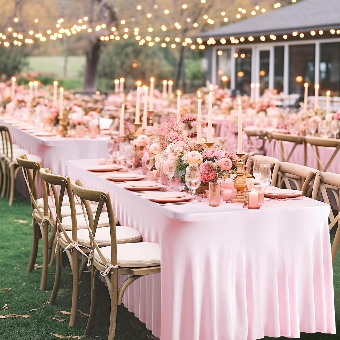 Wish Care 2 Pack Pink Spandex Table Clothes for 8 Foot Rectangle Tables, 8FT Wrinkle Free Fitted Tablecloths Ruffles Design Table Cover for Party, Banquet, Wedding and Events