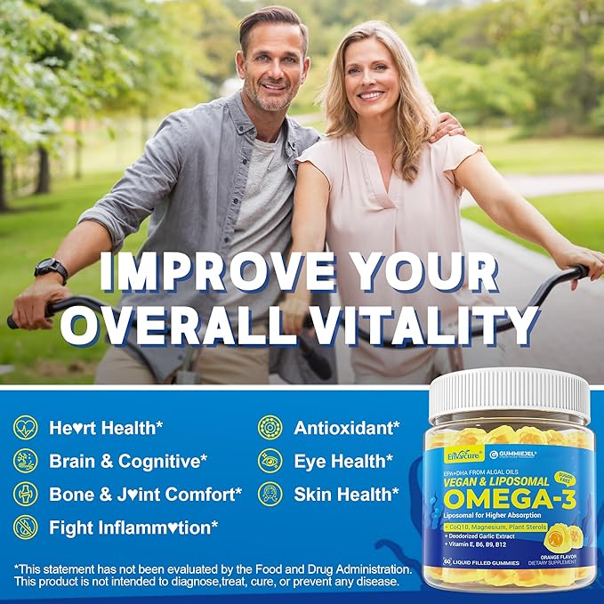 Vegan Omega-3 Gummies 1000mg +CoQ10+Magnesium- EPA 600mg & DHA 400mg, Fish Oil Omega 3 Supplements Alternative for Women Men Adults- Liposomal Form -Algae- Plant Sterols, Garlic,B6,B9, B12, Sugar Free