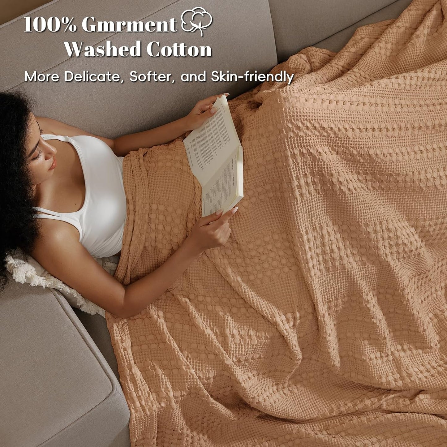 PHF 100% Cotton Waffle Weave Blanket Queen Size for Bed, Soft Lightweight & Breathable, All-Season Comfort, Luxury Aesthetic Woven Bedding for Home Decor, 90"x90", Camel