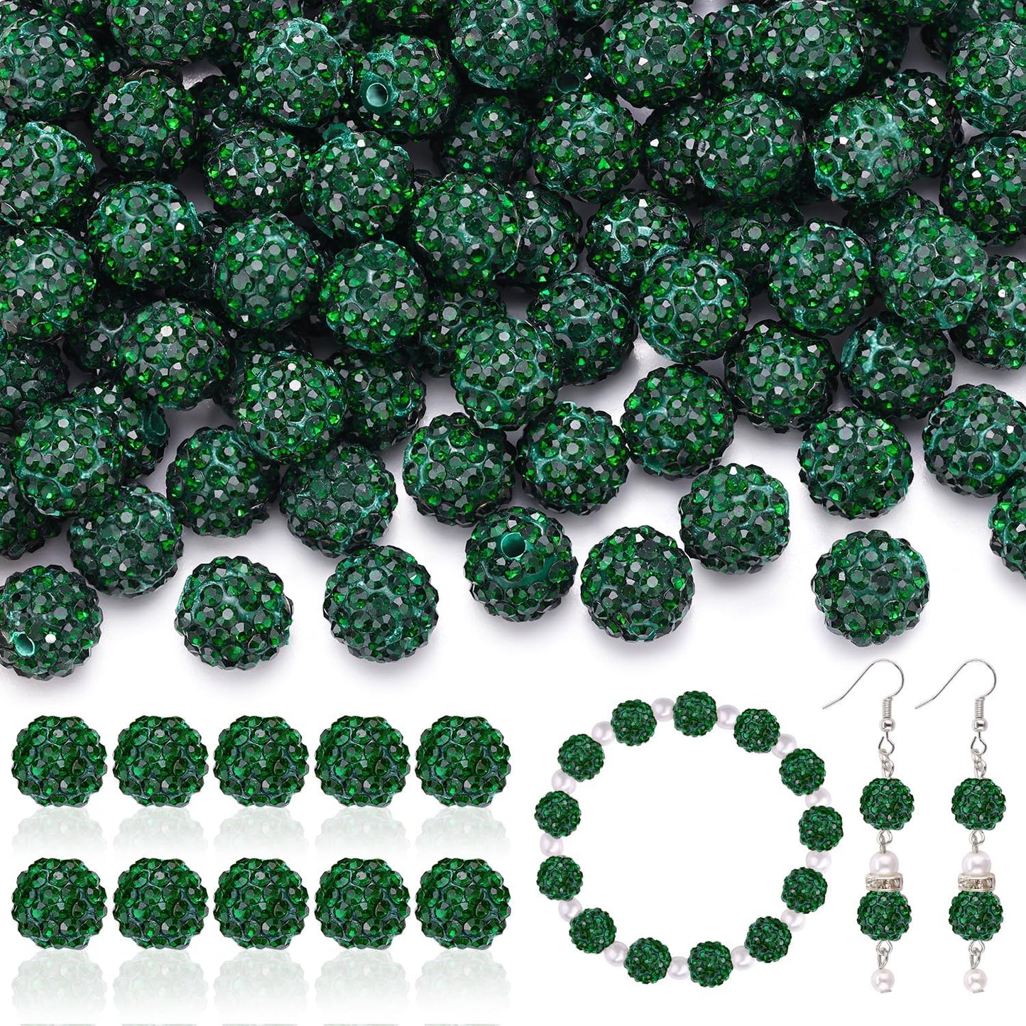 105pcs 10mm Rhinestone Beads for Jewelry Making, Dark Green Shiny Round Disco Ball Beads Bulk, Sparkle Crystal Clay Christmas for Bracelet Baseball Necklace Earring Crafting and DIY