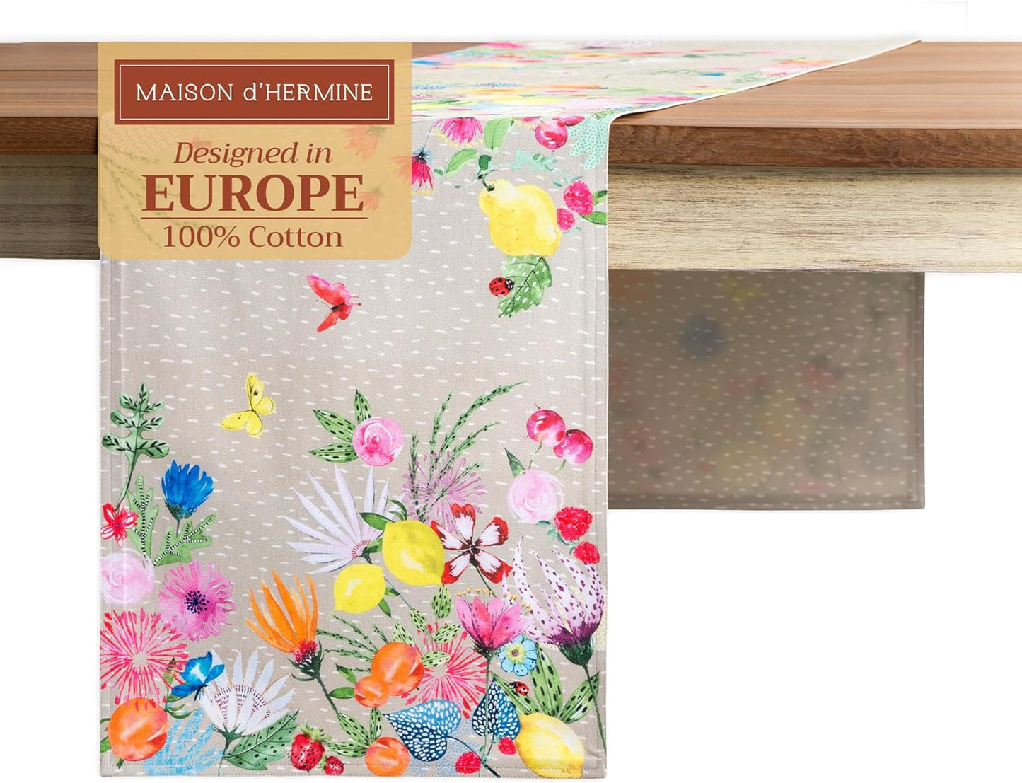 Maison d' Hermine Table Runner 100% Cotton Double Layer Table Runners 108 inches Long Decorative for Home Kitchen Dining Party Wedding Bridal Shower Spring Summer (Jardin D'Ete - Fog, 14.50" x 108")