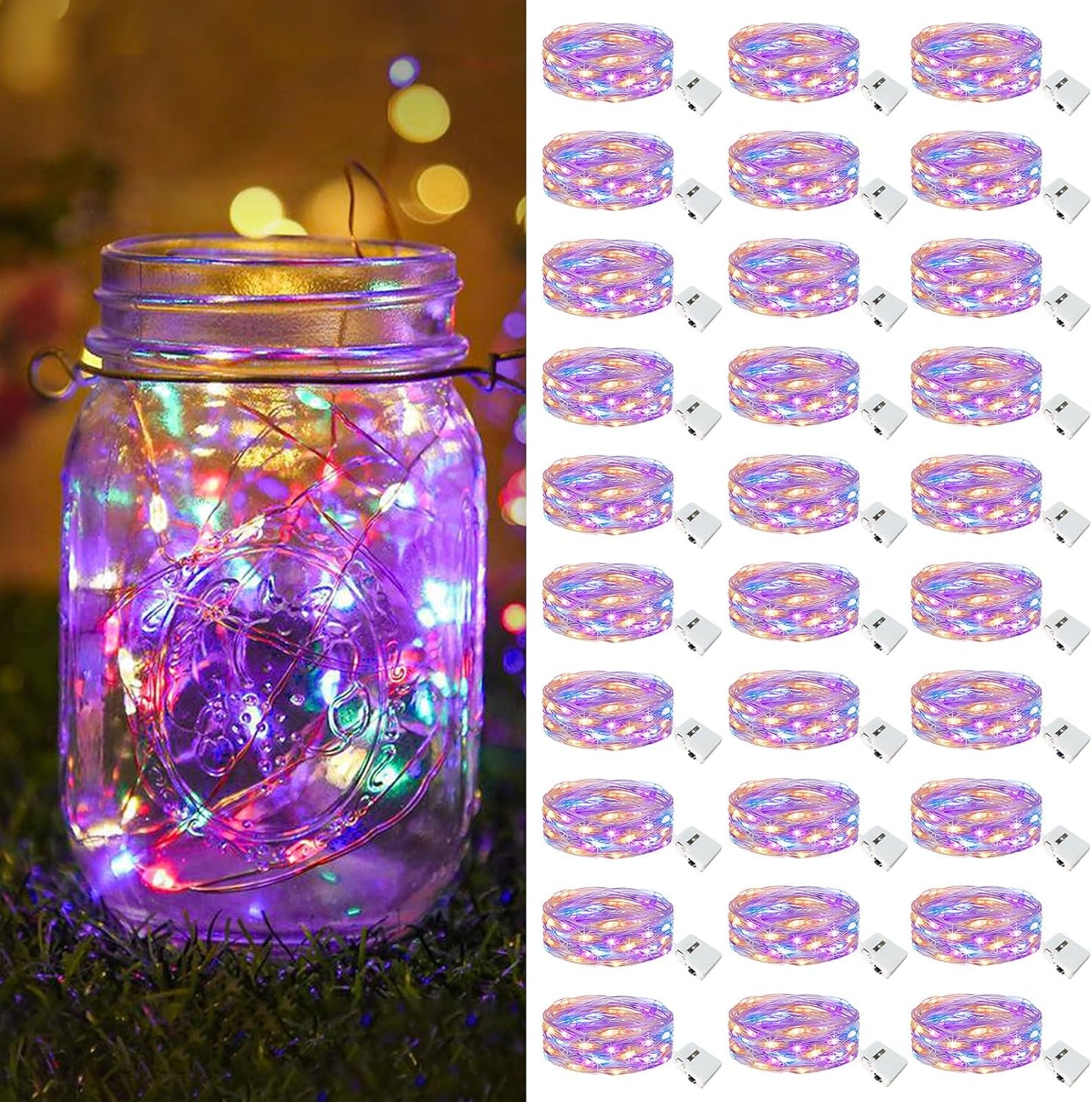 btfarm 30 Pack Fairy Lights Battery Operated [3 Modes], 7ft 20 Led Twinkle Lights String Lights Waterproof Bulk Small Mini Silver Wire for Mason Jars Vases Wedding Table Centerpiece, Multicolor