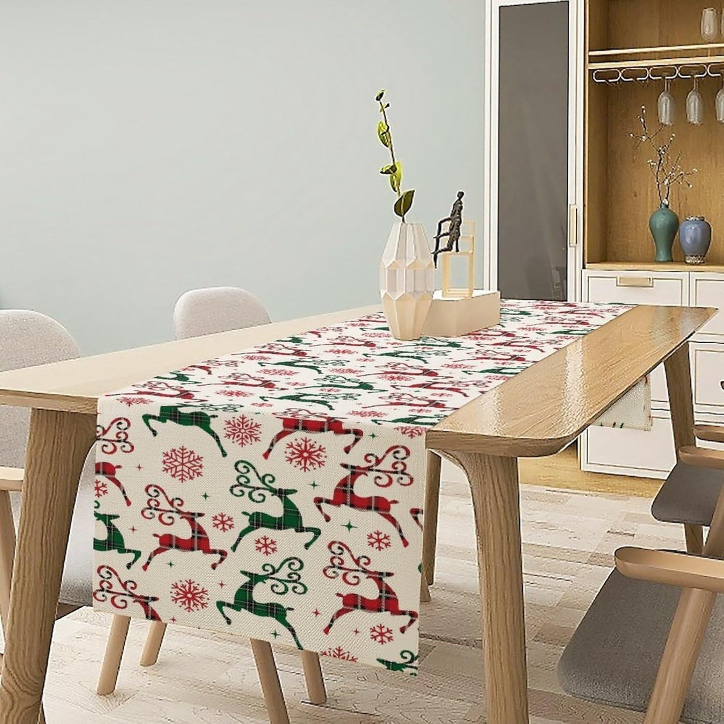 Christmas Table Runner,Christmas Plaid Deer Print Farmhouse Table Cloth Kitchen Dining Table Decoration for Home Party Decor 13x70 Inch