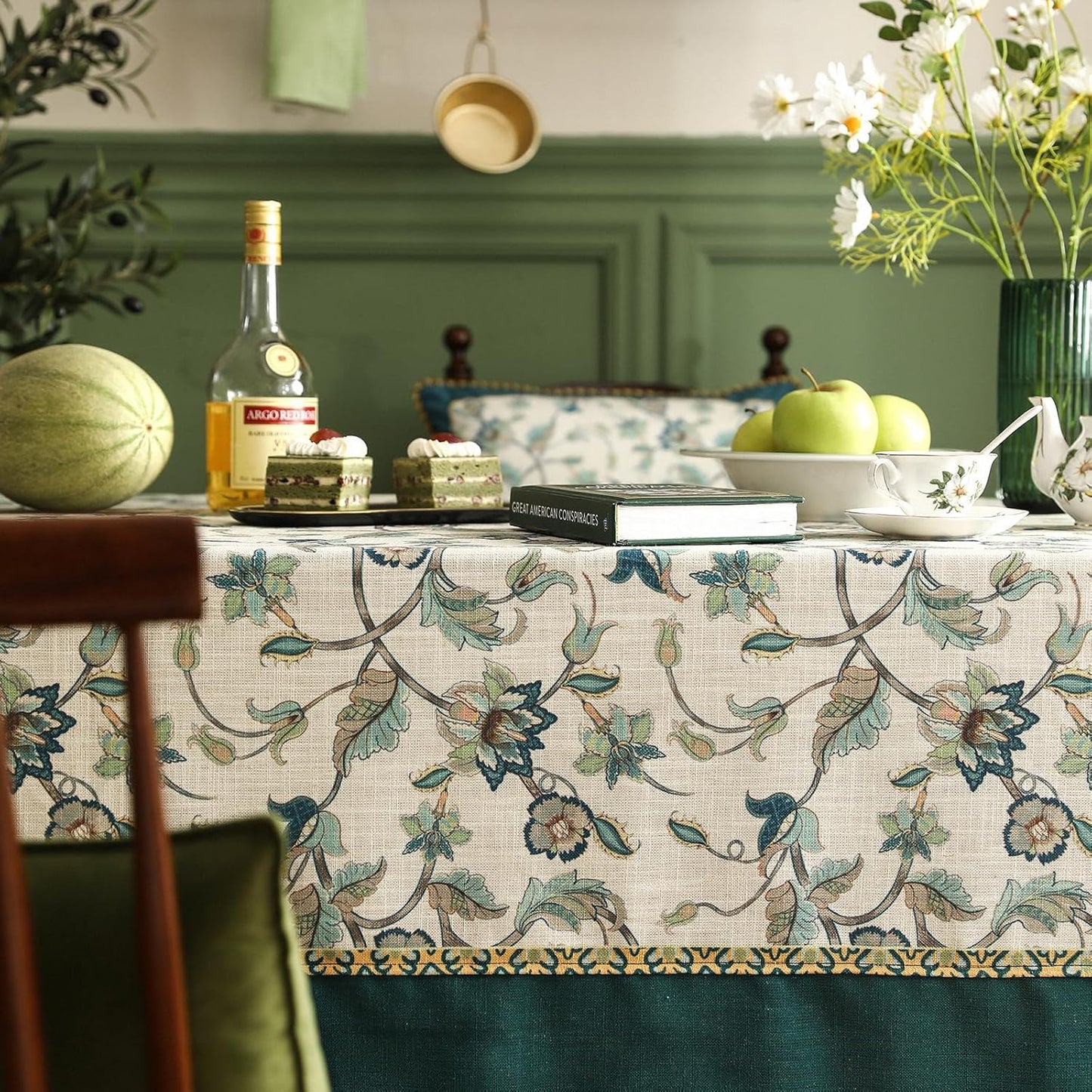 patdrea Designer Green Linen Long Rectangle Tablecloth,Vintage Floral Pattern Breathable Table Cloth,Home Table Cover Decor for Kitchen Dining,Christmas,Thanksgiving,Holiday,Party,63"x94"-Noah