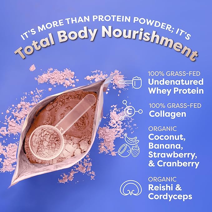 FlavCity Grass Fed Whey Protein Powder - Berries & Cream - 25g Protein & 10g Collagen - Made with Organic Strawberries & Coconut Milk - Gluten Free & No Added Sugars (20 Servings)
