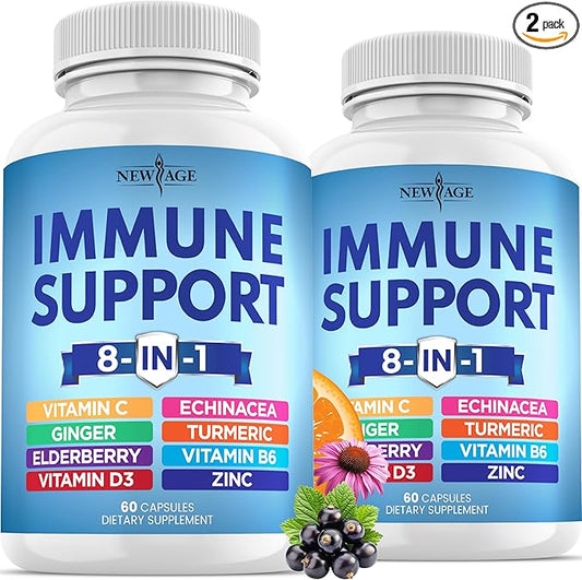 NEW AGE 8 in 1 Immune Support Booster Supplement with Echinacea, Vitamin C and Zinc 50mg, Vitamin D 5000 IU, Turmeric Curcumin & Ginger, B6, Elderberry 120 Count (Pack of 2)