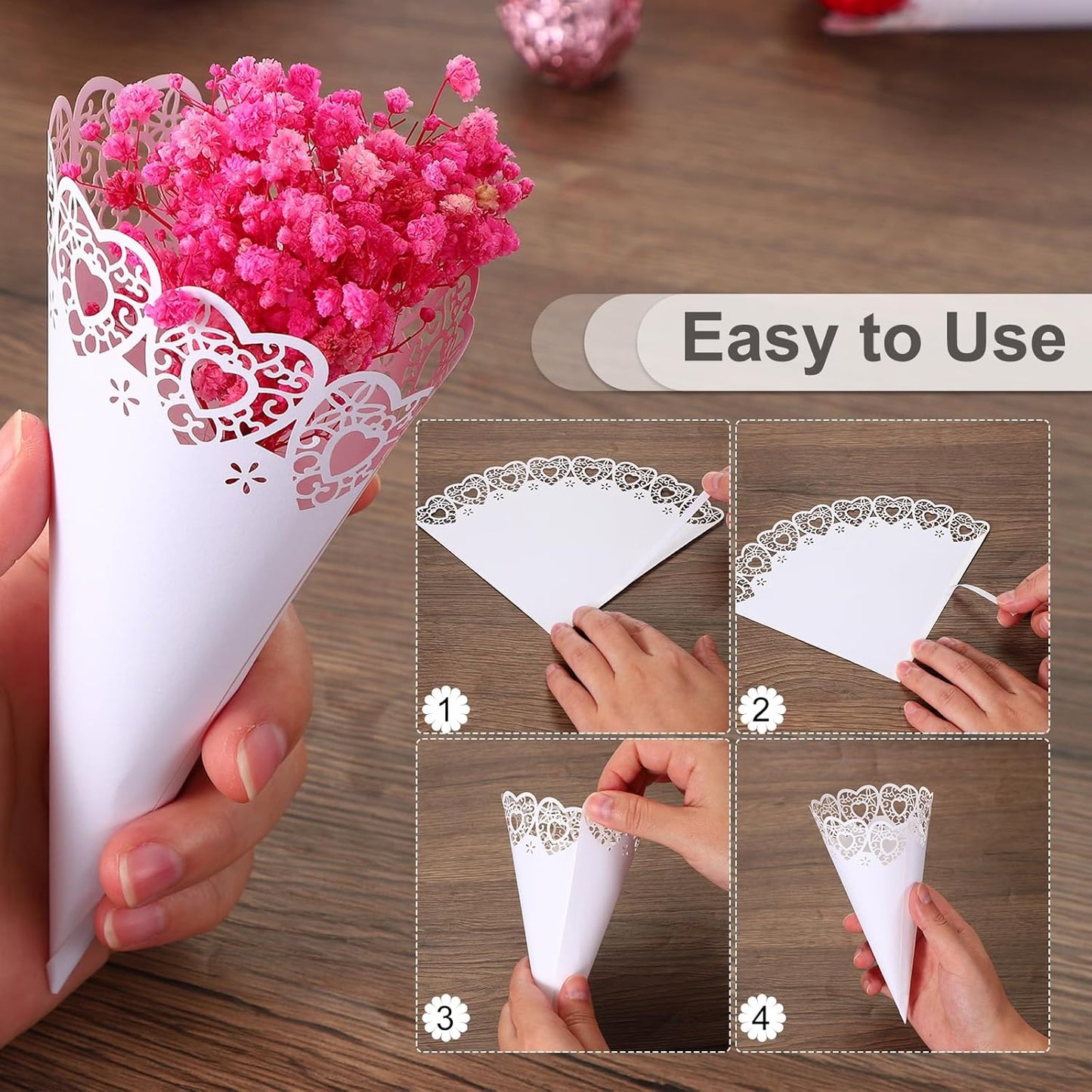 PATIKIL Wedding Confetti Cones, 50 Pcs Paper Tapers Hollow Print Lace Cone Bouquet for Party Candy Gift Boxes Chocolate Bags Buffet Bachelor Party Petals, White