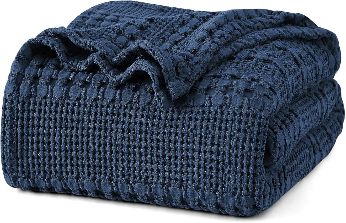 PHF 100% Cotton Waffle Weave Blanket Queen Size for Bed, Soft Lightweight & Breathable, All-Season Comfort, Luxury Aesthetic Woven Bedding for Home Decor, 90"x90", Bright Navy Blue