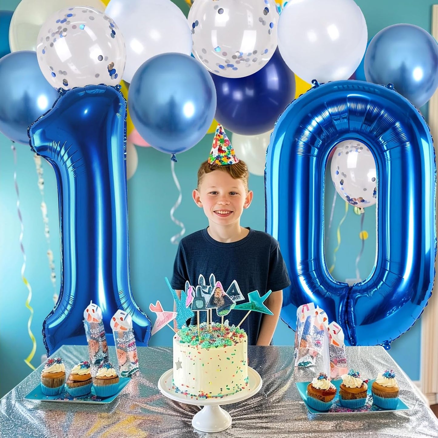 Dark Blue Number 10 Balloon, Large 40 Inch with Metallic Light Navy Blue Silver Confetti, Self Inflating Helium Foil One Balloon for Boys 10th Birthday Party Anniversary Decorations