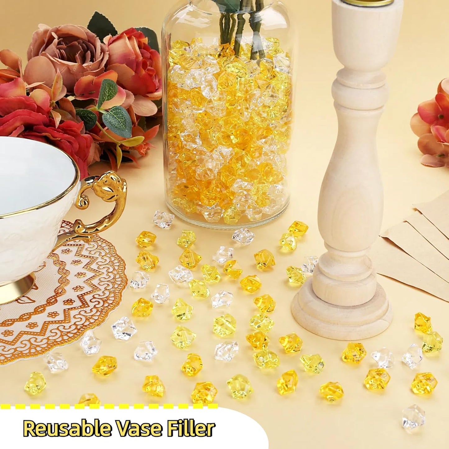 YATOJUZI 500pcs Fake Ice Cubes Yellow Assorted Acrylic Crushed Rocks Vase Fillers Plastic Diamonds Gems for DIY Party Wedding Centerpiece Table Scatter Prop Display 0.5" (Random Color)
