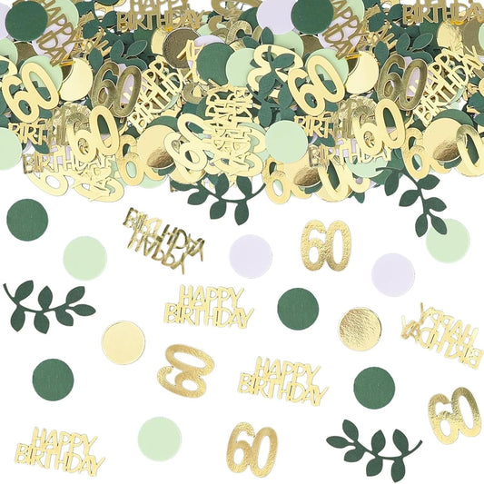 Sage Green 60th Happy Birthday Confetti, 60th Birthday Table Decorations Scatter Green Gold Foil Cake Confetti Decorations for 60 Bday Woman Men Party Decor 230 Pcs