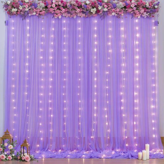 5x8ft (2 pieces) Lavender Tulle Backdrop Curtains with Lights for Party Wedding Baby Shower, Sheer Drape Backdrop Curtains for Birthday Party Photo Booth Background Decoration