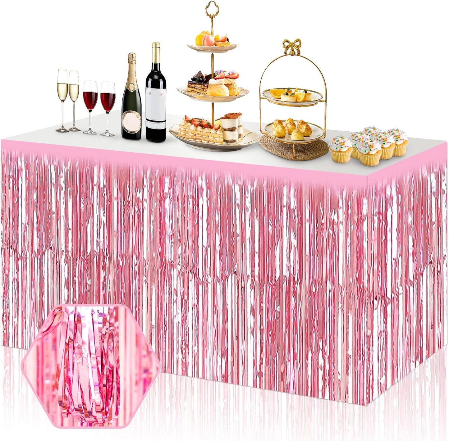 3 Pack 29x108 Inch Pink Foil Fringe Table Skirts Metallic Banner for Tinsel Streamer Garland Backdrop for Parade Floats Wedding Thanksgiving Birthday Christmas Halloween Party Decoration