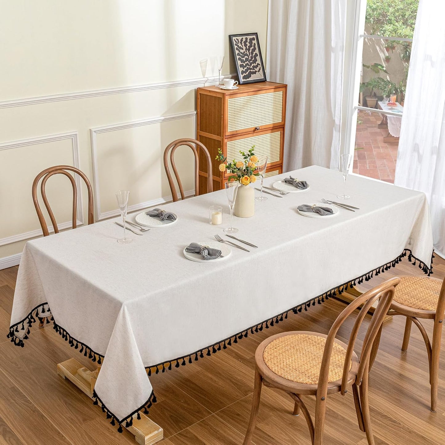 MYSKY HOME Table Cloth 60x84 in Rectangle Table, Cotton Tassel Linen Look Waterproof Tablecloths Farmhouse Tablecloth, Wrinkle Free Table Cover with Black Tassels for Kitchen Dining, Party