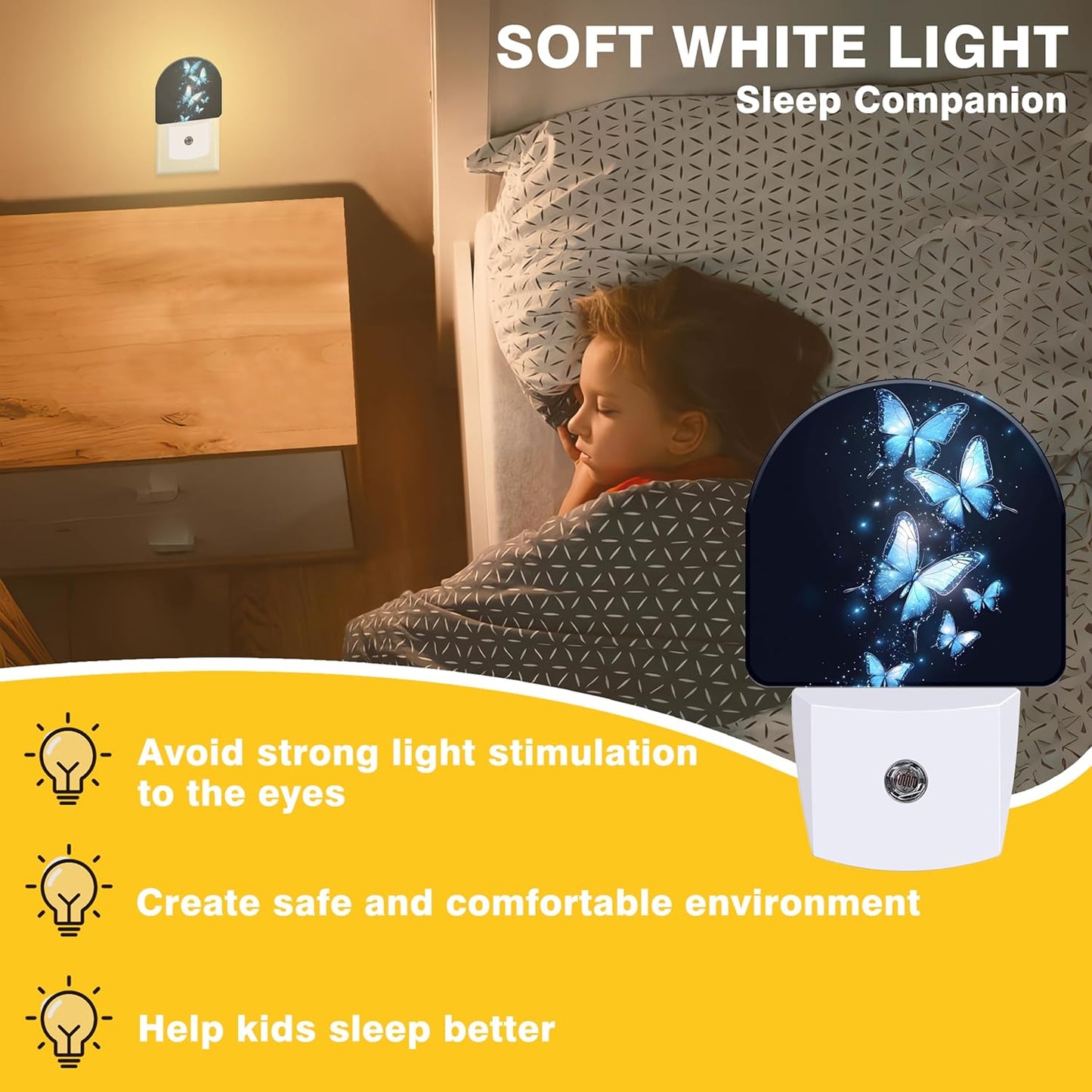 Night Lights Plug into Wall Glowing Blue Butterfly Night Light Dusk to Dawn Smart Sensor Decorative Round Led Lamp for Bedroom Kitchen Hallway Nightlight for Women Men