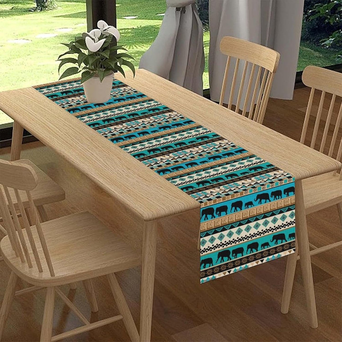 Boho Table Runner, Rustic Aztec Blue Teal African Elephant Tribal Ethnic Native Farmhouse Table Center Decor for Home Kitchen Dining Patio Holiday Party Indoor Outdoor Table Decorations, 13"x72" Inch