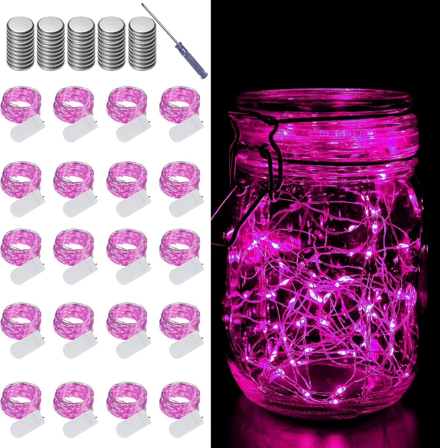 LAMPHOME 20 Pack Fairy Lights Battery Operated String Lights, 20 LED on 6.6FT Silvery Copper Wire, Firefly Fairy String Lights for Wedding Party Mason Jar Christmas Decorations Bedroom Decor(Pink)