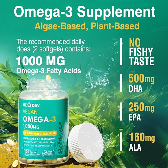Vegan Omega 3 DHA EPA ALA Supplement with 5000IU Vitamin D3 K2 (MK7), CoQ10 for Women Men | Fish Oil Alternative | Plant Based Algae Oil Omega 3 1000mg Pills for Bone, Brain, Eye, Skin | 120 Softgels