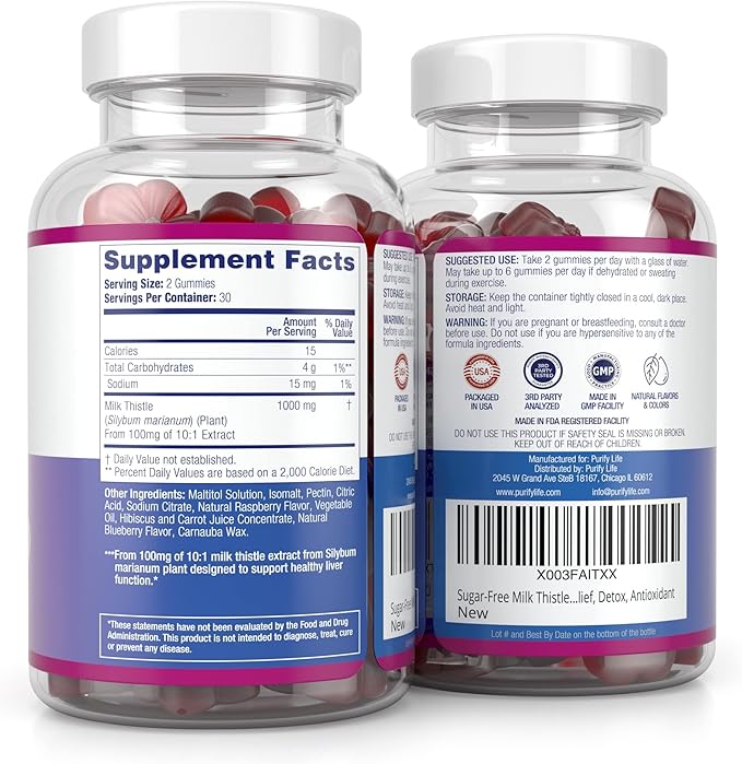 Sugar-Free Milk Thistle Gummies for Liver Cleanse Detox & Repair (Natural Blueberry-Raz Flavor) Cardo Mariano, Cleansing Milk Thistle Extract & Antioxidant Support, Vegan, Replaces Pills & Capsules