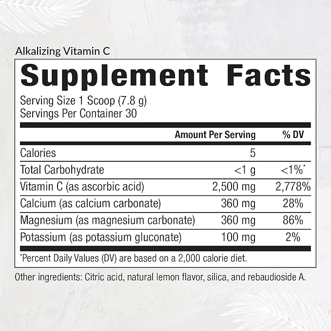 Equilife Alkalizing Vitamin C, 2500 mg per Serving, Immunity Support Supplement with Magnesium, Calcium, & Potassium, Easy Absorption Powder Formula, Gluten Free, Non GMO, Lemon Splash Flavor, 8.3 Oz