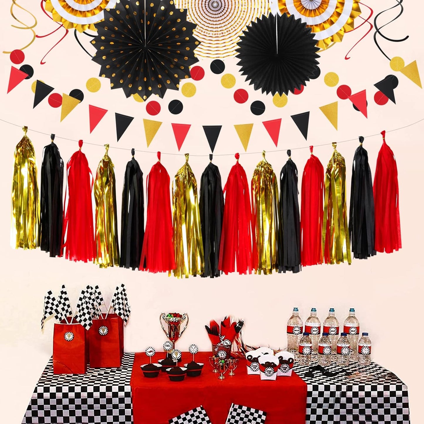 Red Black-Gold Casino Theme Party-Decorations - 33pcs Kits Game Night Graduation Banner, StreamersTassel Garland,Tissue Pom Poms Honeycomb, Paper Lantern Fans,Wedding Birthday Baby Shower Decor Hugtmr