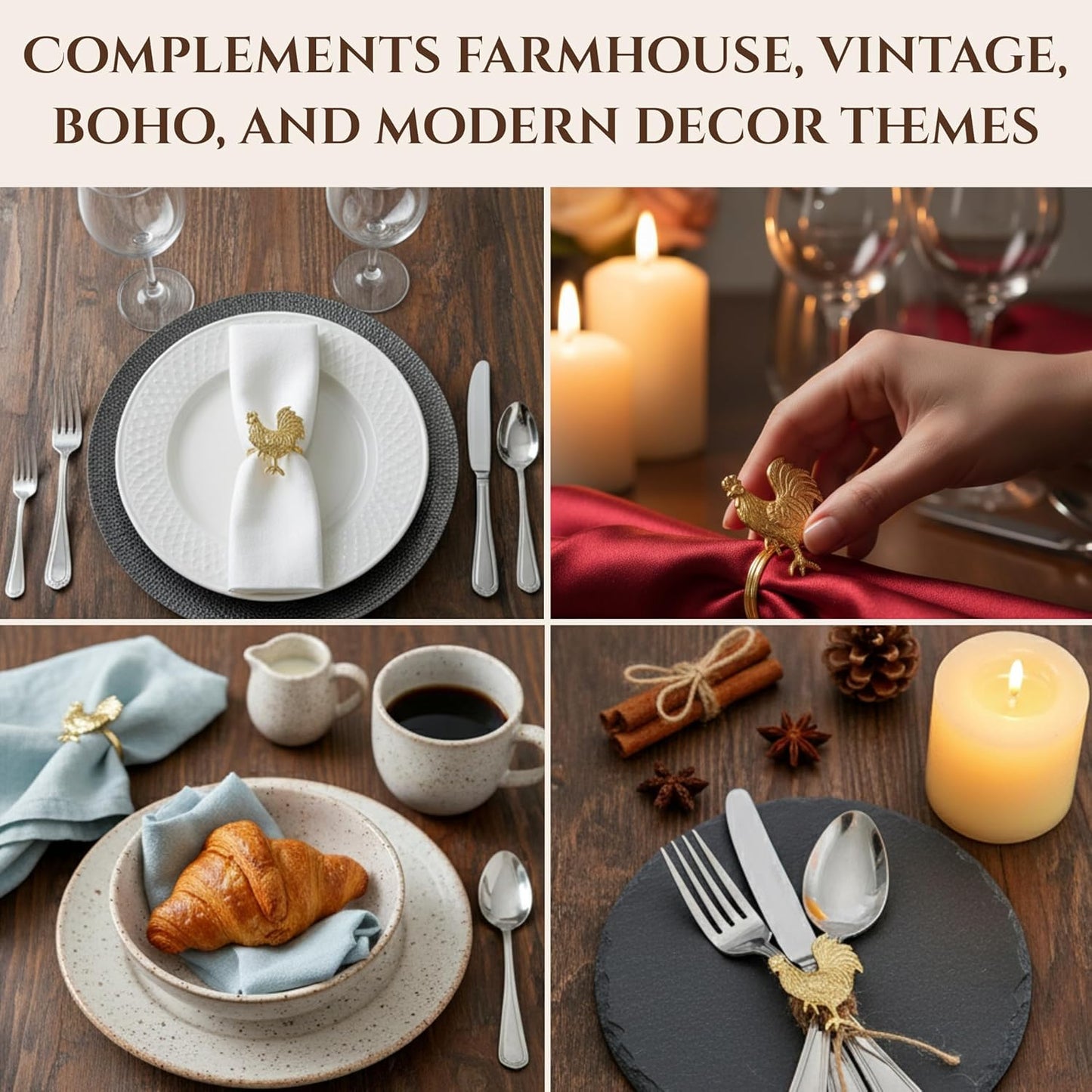 Set of 12 Rooster Napkin Rings for Farmhouse Table Decor | Premium Metal Chicken Dinnerware Holders | Rustic Kitchen & Holiday Party Table Setting (Gold) - ALPHA Living HOME