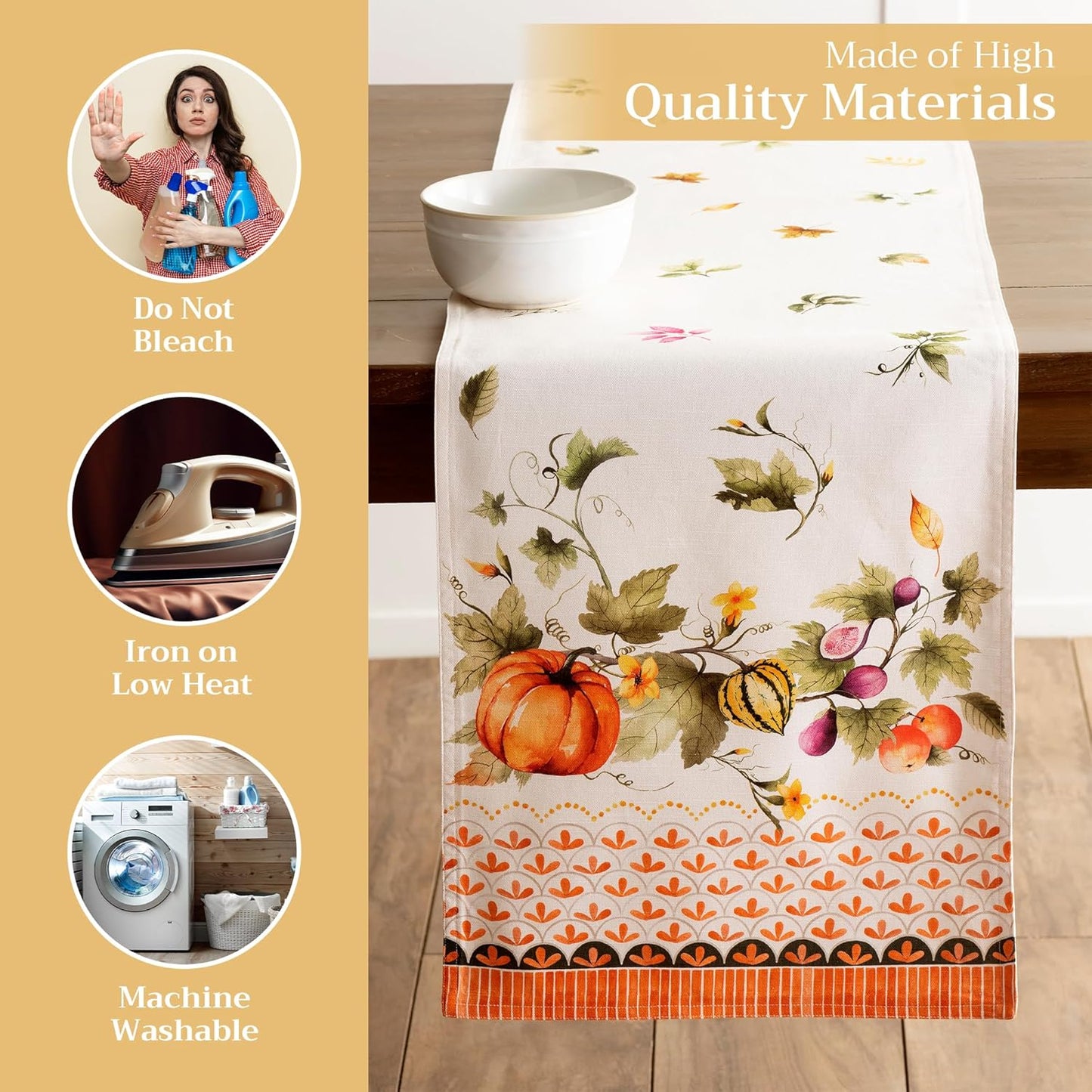 Maison d' Hermine Table Runner 100% Cotton Double Layer Table Runners 72 inches Long for Thanksgiving Christmas Decorations Home Kitchen Dining Wedding (Pumpkin Garden - Cloudy Cream, 14.5" x 72")