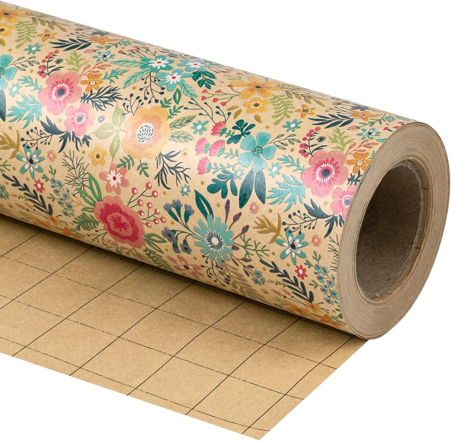 WRAPAHOLIC Kraft Floral Wrapping Paper Roll - Mini Roll - 17 Inch x 33 Feet - Spring Summer Garden Flower Design Perfect for Wedding, Bridal Shower, Birthday