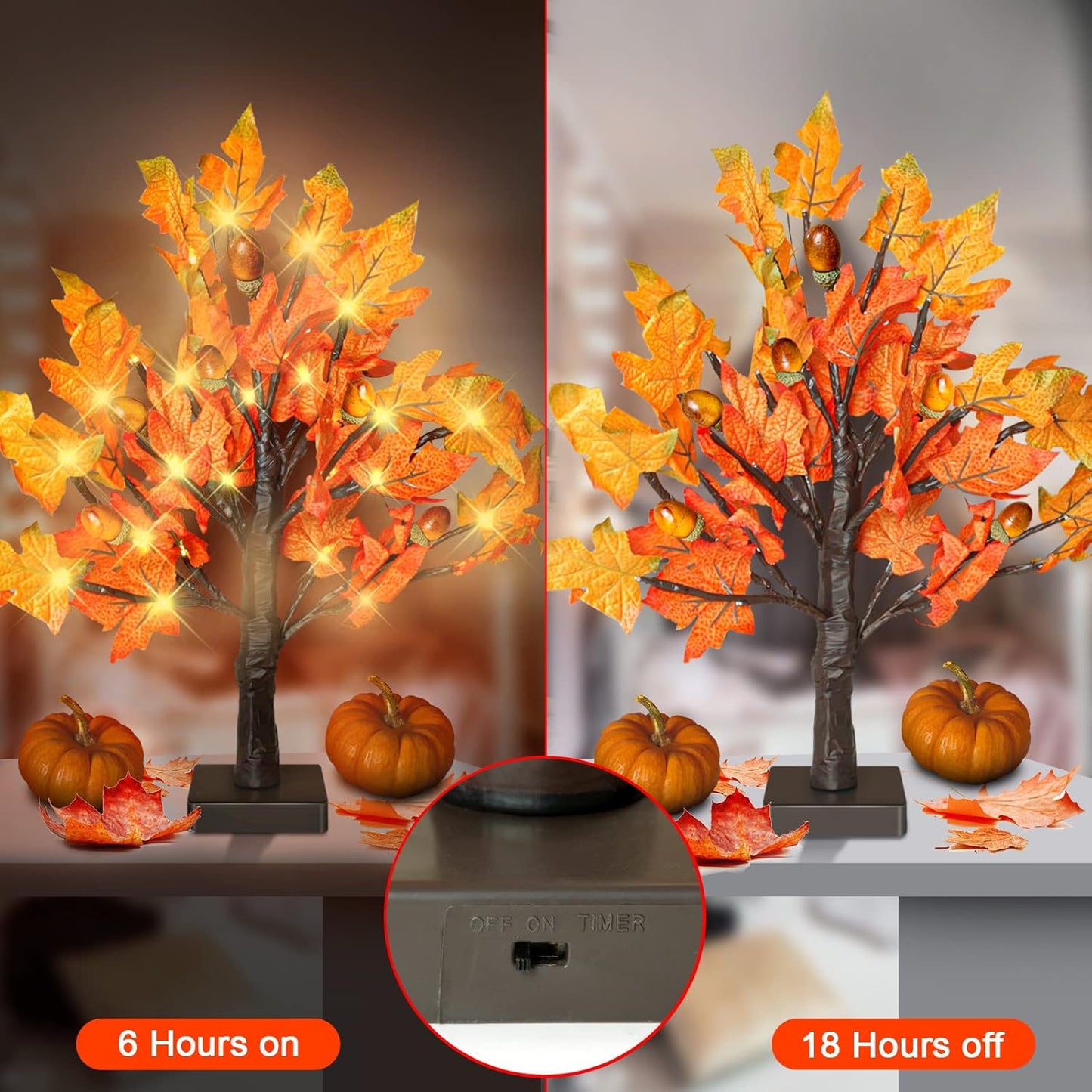 2 Pack 18 Inch Prelit Fall Maple Tree with 36 LED Lights, 6 Acorns, 1.5ft Tabletop Autumn Artificial Tree, Fall Centerpieces for Thanksgiving Decoration, Christmas Halloween Harvest Home Decor