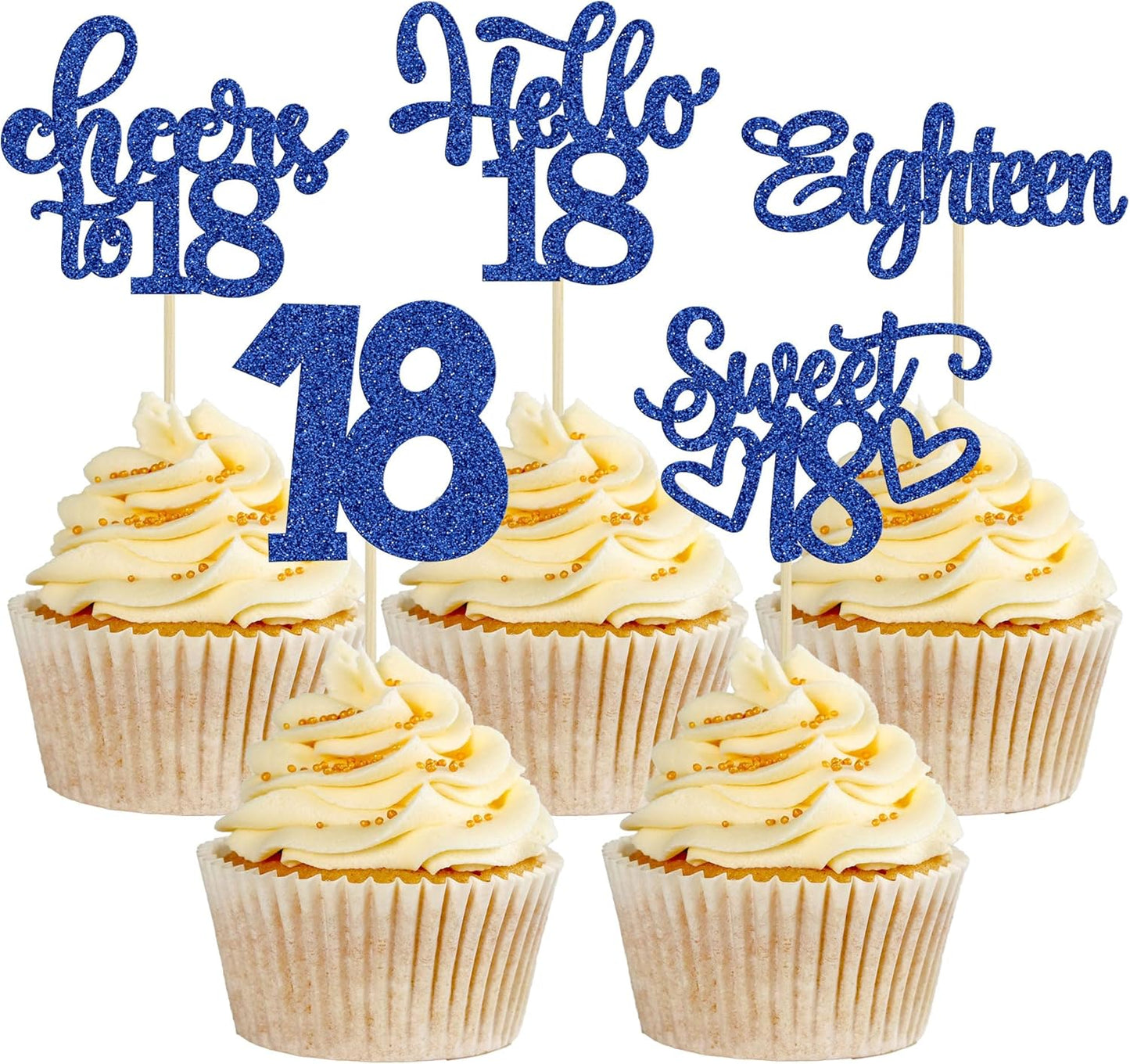 30Pcs18th Birthday Cupcake Toppers Eighteen Happy 18th Cupcake Picks Sweet 18 Cheers to 18 Cake Decorations for 18th Birthday Anniversary Party Supplies Deep Blue Glitter