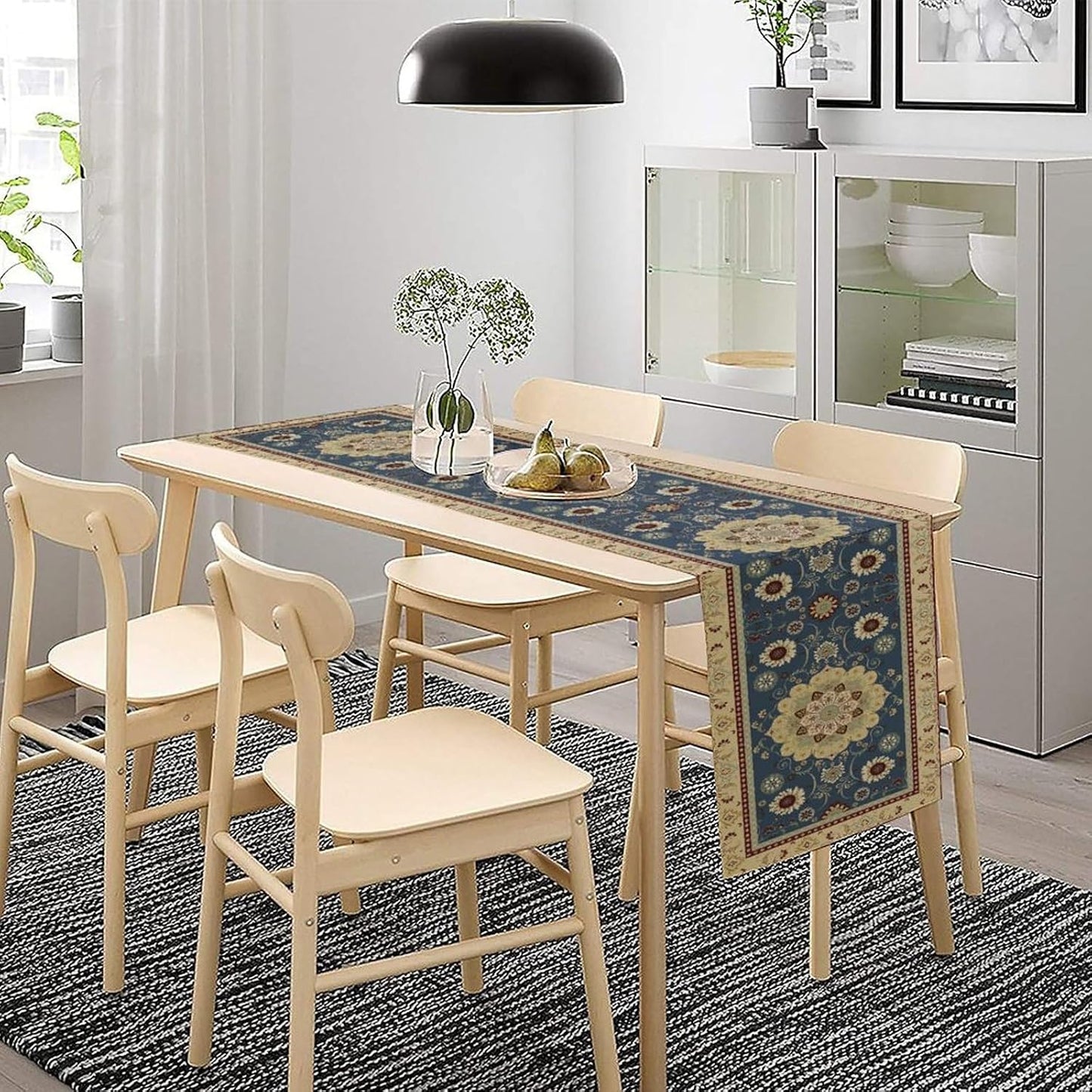 Vintage Boho Floral Table Runner, Elegant Rustic Country Farmhouse Blue Yellow Retro Flower Pattern for Home Kitchen Table Decor Dining Coffee Room Party Decor 13x60in