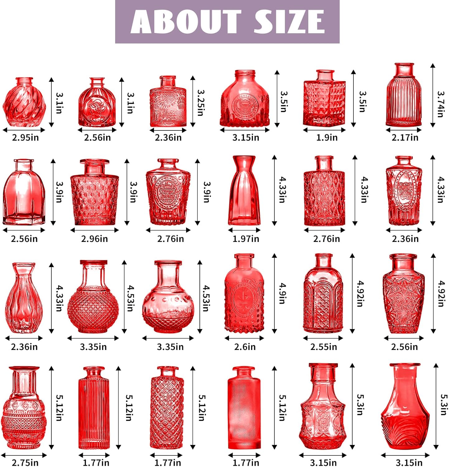 Red Glass Bud Vases Set, 24 Pcs Vintage Small Vases for Flowers, Crystal Mini Glasses in Bulk, Small Flower Design for Centerpieces Wedding Decorations Home Flower Party Decor