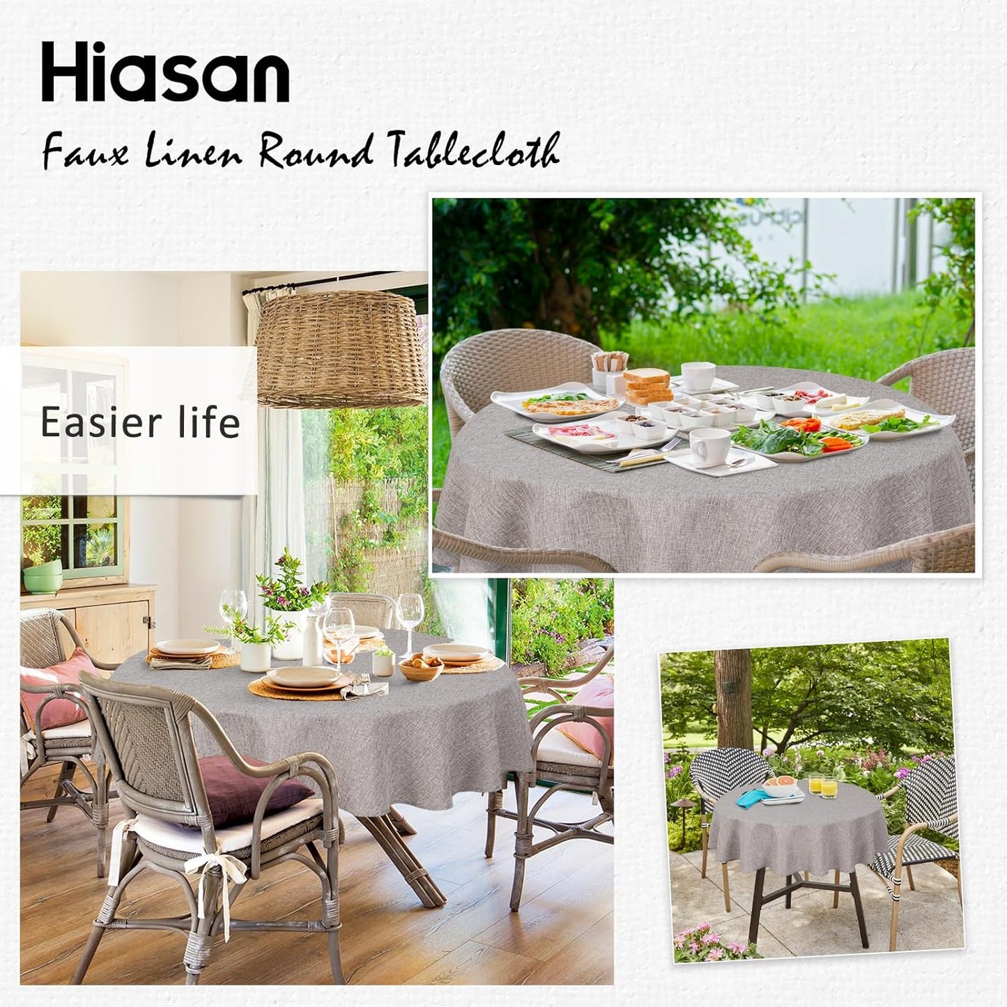 Hiasan 120 Inch Round Linen Tablecloth - Wrinkle and Stain Resistant Washable Polyester Fabric Table Cloth for Dining Room Kitchen Party, Stone