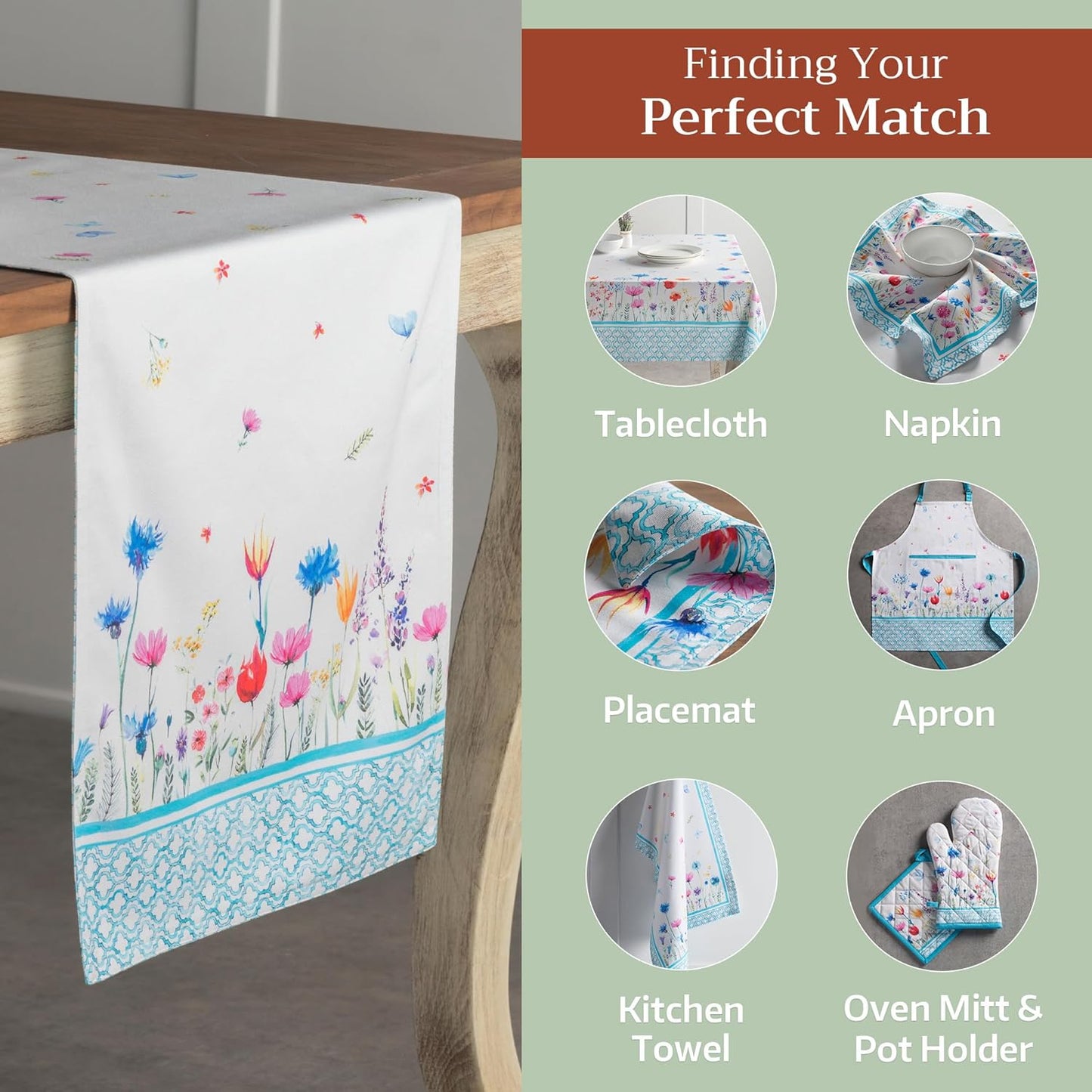 Maison d' Hermine Table Runner 100% Cotton Double Layer Table Runners 108 inches Long Decorative for Home Kitchen Dining Party Wedding Bridal Shower Spring Summer (Flower in The Field, 14.50" x 108")