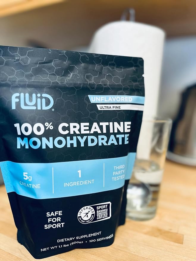 Fluid Creatine - 100% Creatine Monohydrate Powder, Unflavored, Informed Sport Certified, 5g per Serving (100 Servings)
