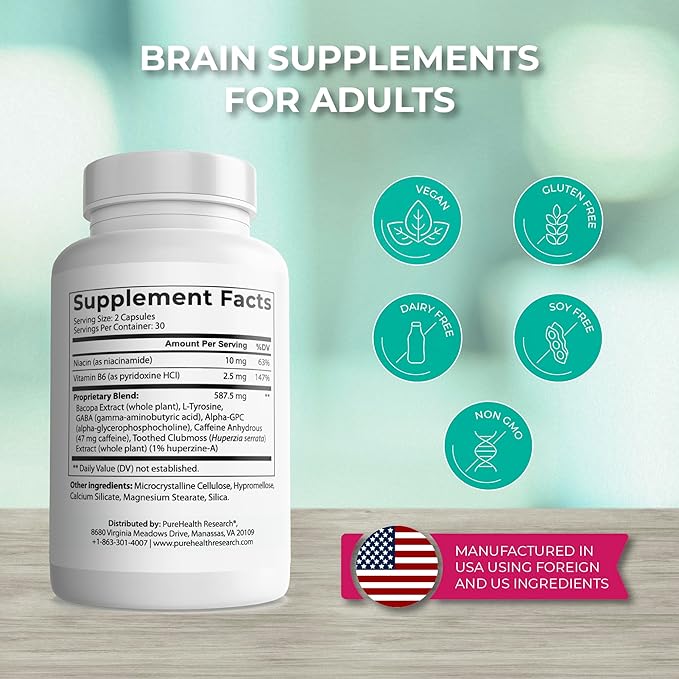 Ageless Brain Supplements for Memory and Focus - Nootropic Brain Health Supplement for Adults - with Bacopa Monieri, Alpha GPC, L-Tyrosine, Vitamin B6, Niacin & More, 60 Capsules