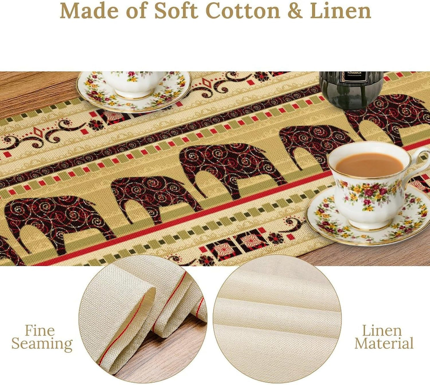 Boho Elephant Table Runner, Vintage Tribal Traditional Bohemian African Animals Ethnic Folk Table Center Decor for Home Kitchen Dining Patio Holiday Party Indoor Table Decorations, 13"x72" Inch