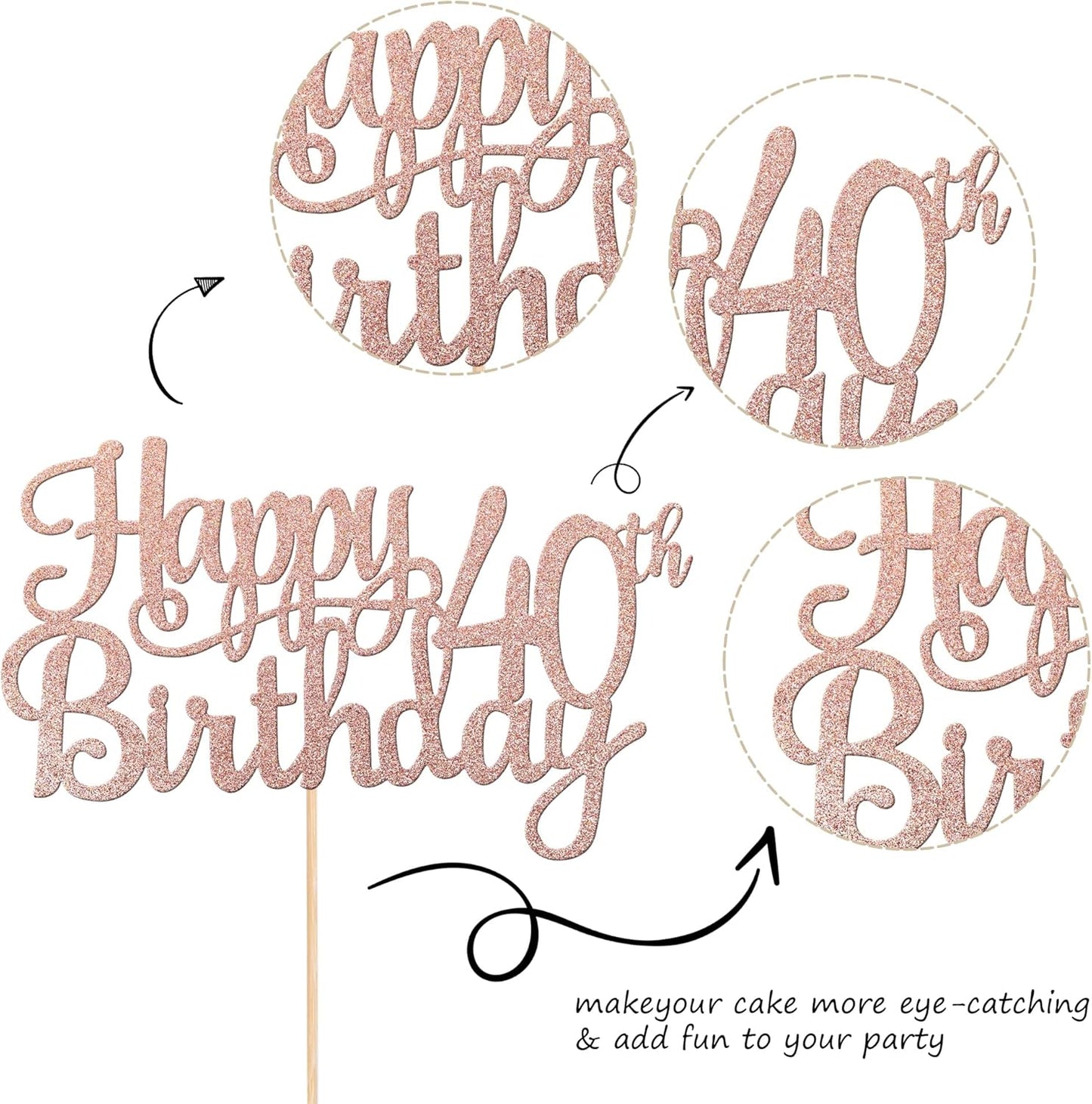 1 PCS Happy 40th Birthday Cake Topper Glitter Cheers to 40 Years Birthday Cake Pick 40 Fabulous Cake Decoration for Happy 40th Birthday Anniversary Party Decorations Supplies Rose Gold