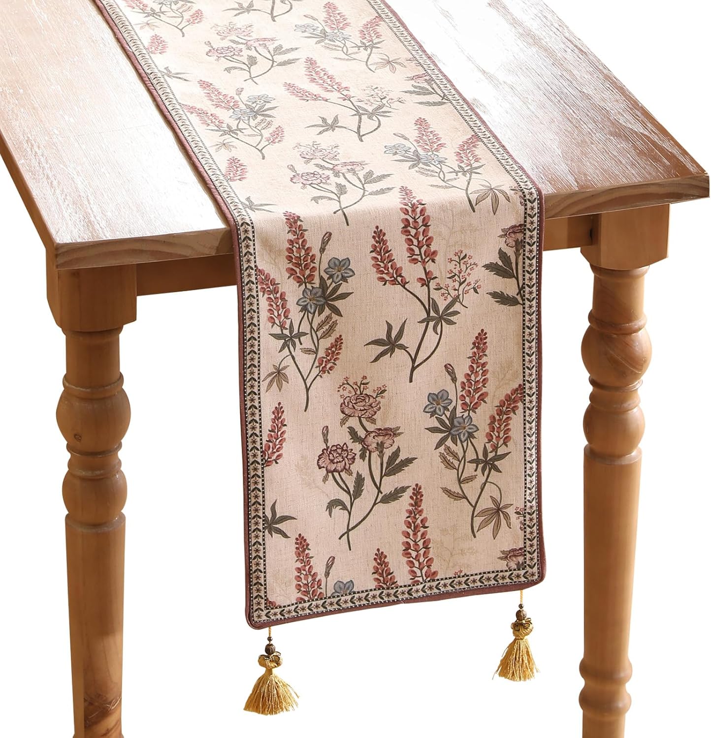 ISAENNE Designer Light Beige Linen Table Runner 71 Inches Long,Vintage Floral Wrinkle Resistant Decor Table Runners for Dining Tables,Christmas,Thanksgiving,Kitchen Tables,12"*71"-Helena A