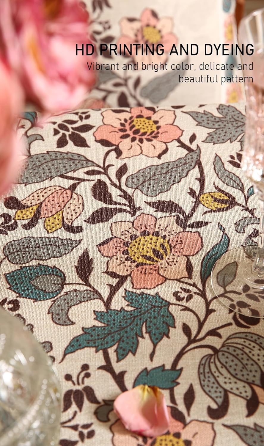 ISAENNE Designer Boho Floral Round Tablecloth,Linen Lotus Flower Pattern Colorful Indoor Table Cloth,Durable Decor Tablecloths for Dining Thanksgiving Kitchen Christmas,Diameter 67"-Hazel A