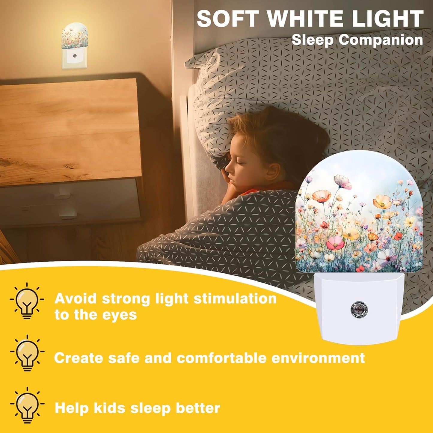 Night Lights Plug into Wall Watercolor Flowers Night Light Dusk to Dawn Smart Sensor Decorative Round Led Lamp for Bedroom Kitchen Hallway Nightlight for Women Men
