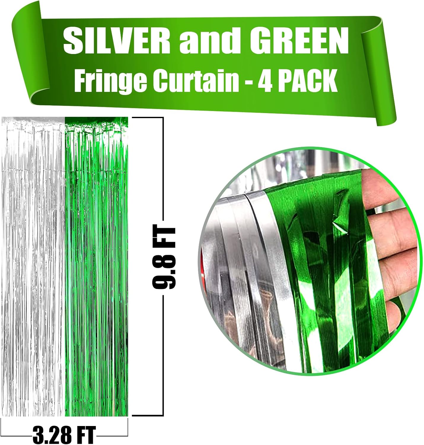 4 Pack Silver Green Foil Fringe Curtain Backdrop, 3.28Ft x 9.8Ft Metallic Tinsel Foil Fringe Streamers Curtains for Photo Booth, Wedding, Mardi Gras, Birthday Carnival St Patrick Day Party Decoration