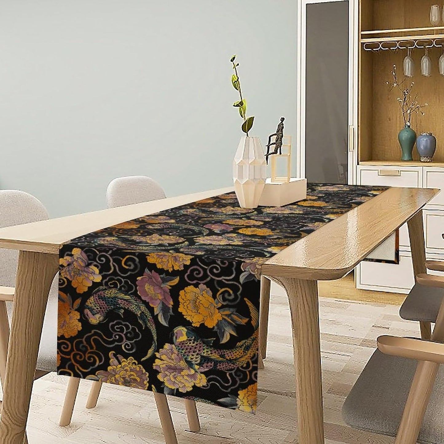 Japanese Table Runner Retro Flowers Oriental Tradition Kio Fish Art Printed Burlap Runner Home Kitchen Dining Table Living Room Decor Fabric 1 Panel W13xL108in