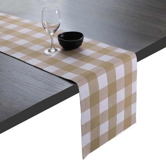 Native Fab Table Runner Buffalo Check Plaid 100% Cotton - 13x108 Inches Kitchen Dining Table Decoration for Indoor Outdoor Farmhouse Home Party Decor - Beige and White