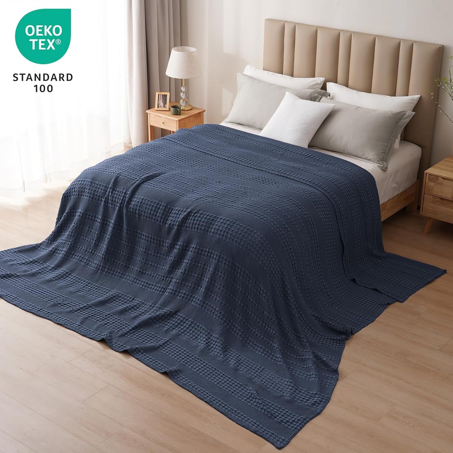 PHF 100% Cotton Waffle Blanket Oversized King 120"x120", Lightweight Breathable Extra Large 10'x10' Blankets for Bed, Giant Big Luxury Aesthetic Woven Bedding for Home Decor, Dark Navy