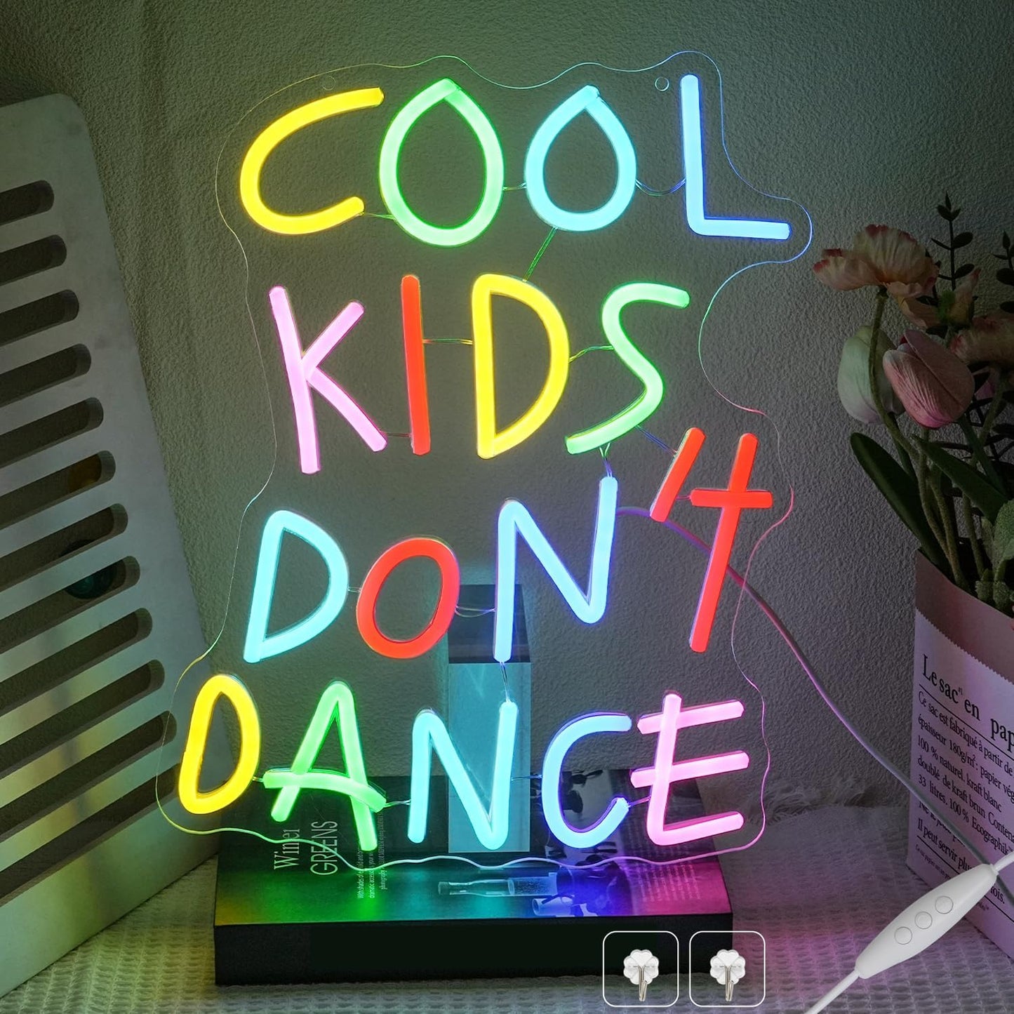 Cool Kids Don't Dance Neon Sign for Wall Decor, Cool Kids Letter Neon Light Wall Art, Dimmable Colorful Classroom LED Light Up Sign for Bedroom, Library, Classroom, Bookstore