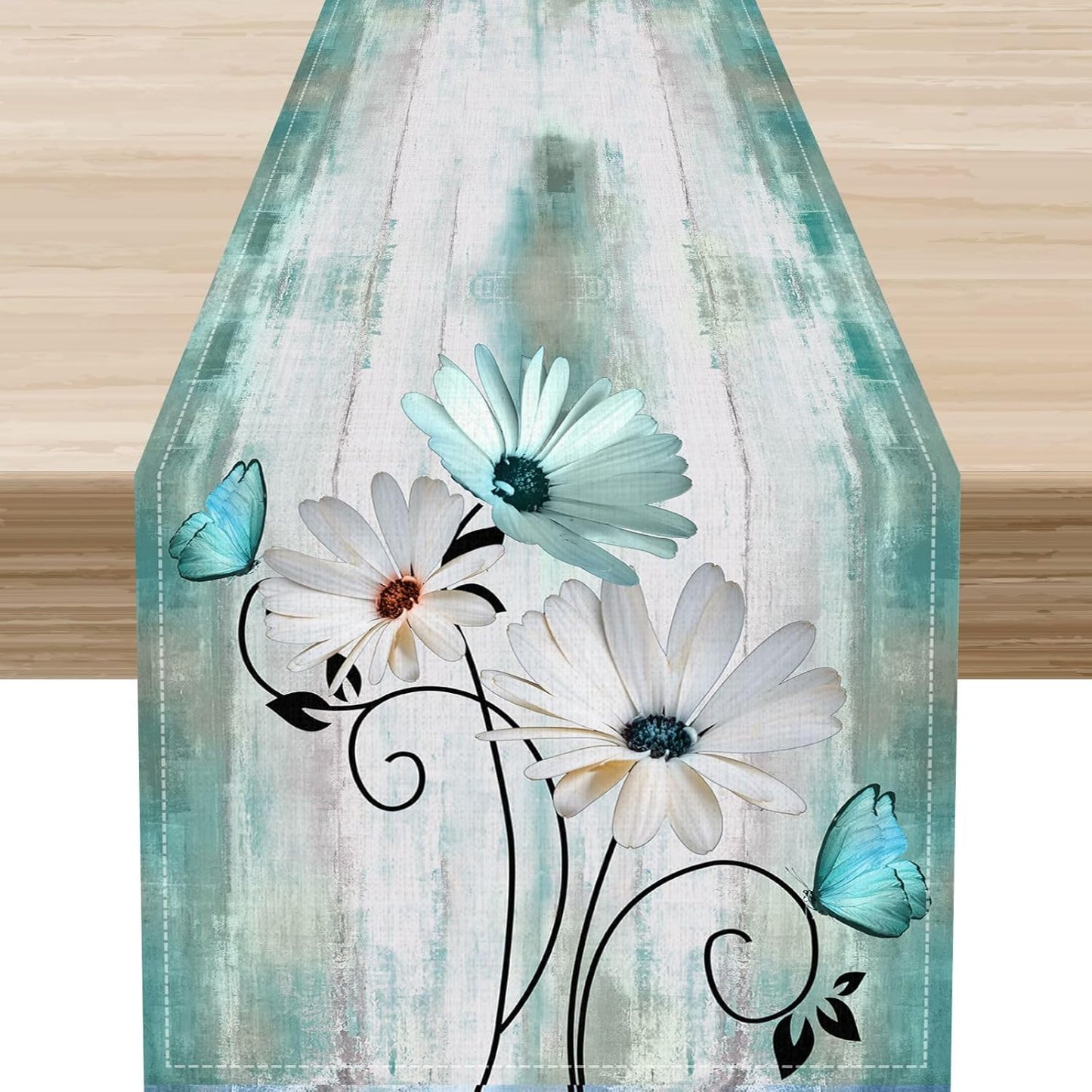 Daisy Floral Table Runner, Farmhouse Spring Seasonal Summer Teal Green White Flower Rustic Abstract Table Center Decor for Home Kitchen Dining Holiday Party Indoor Table Decorations, 13"x108" Inch
