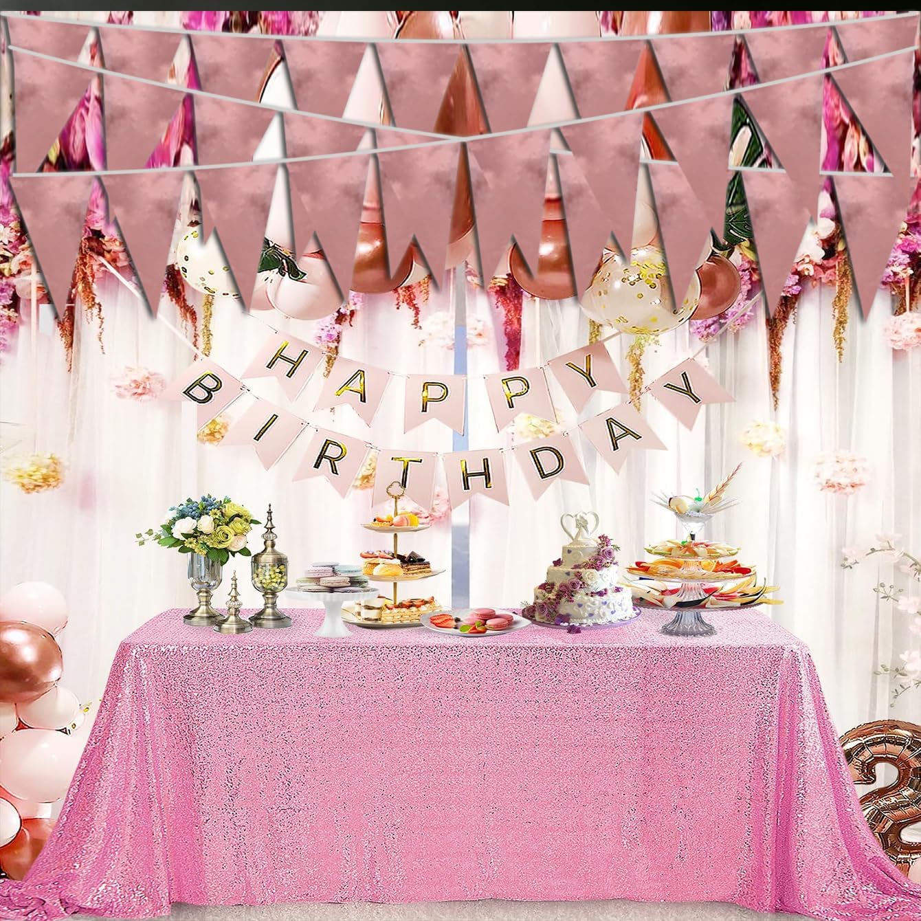 20M/65FT Rose Gold Triangle Pennant Banner Flag Metallic Fabric Bunting Garland for Christmas Wedding Birthday Anniversary Bridal Shower Engagement Graduation Hen Party Decorations Supplies