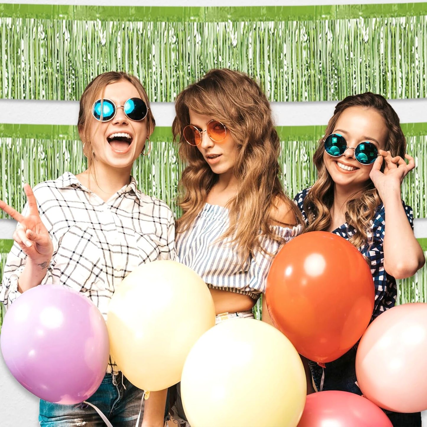 4 Pack 10 Feet Light Green Foil Fringe Garland Metallic Tinsel Streamers Banner Wall Hanging Curtain Backdrop for Parade Floats, Wedding, Graduate, Mother's Day, Birthday Party Decoration